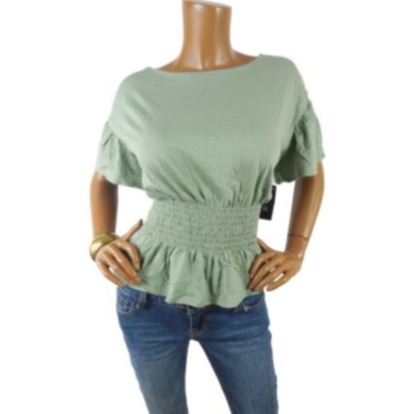 INC International Concepts Tops - INC Top L NWT Sage Green Blouse Elastic Waist Cropped Shirt Short Sleeves Casual